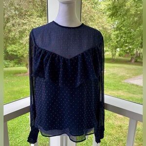 Express Sheer Navy Sleeve Blouse Hot Pink Polka Dots & Ruffle Detail - Size M
